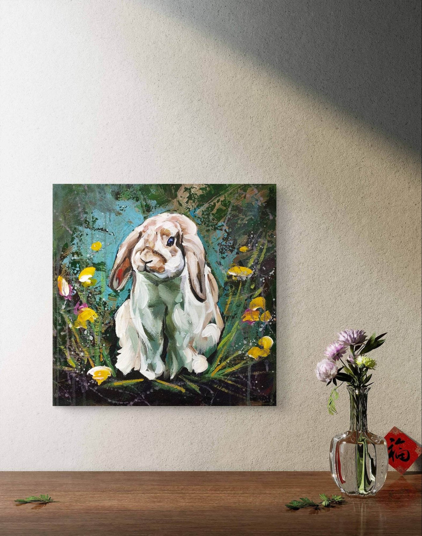 H1Z ART Acrylbild Gemälde Kaninchen im Blumenmeer – handgemaltes Original Acrylbild (40 x 40 cm)