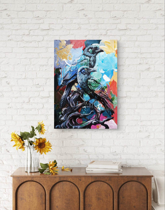 Expressiv-realistisches Gemälde Raben auf Ast – handgemaltes Original Acrylbild (50 x 70 cm) auf Leinwand von H1Z ART in lebendiger Atmosphäre