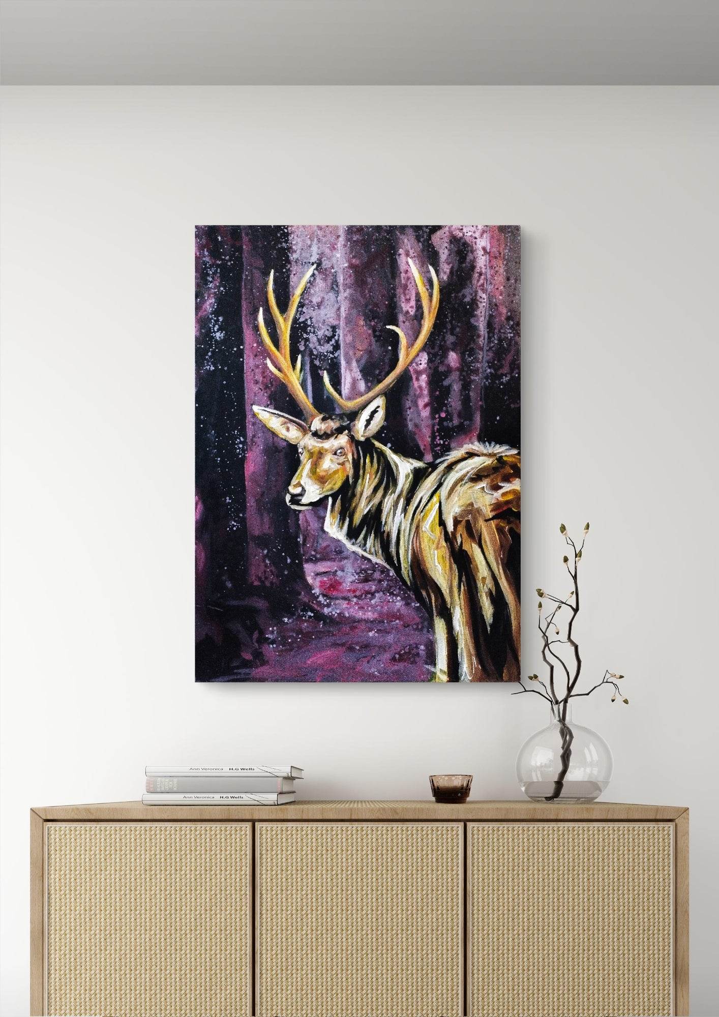 H1Z ART Acrylbild Gemälde Goldener Reh – handgemaltes Original Acrylbild (50 x 70 cm)