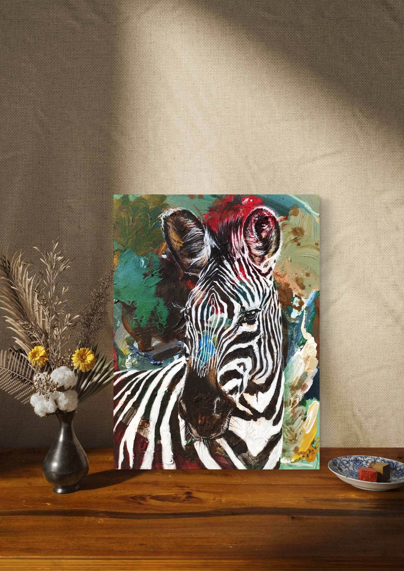 Gemälde Zebra in grün – handgemaltes Original Acrylbild (30 x 40 cm)