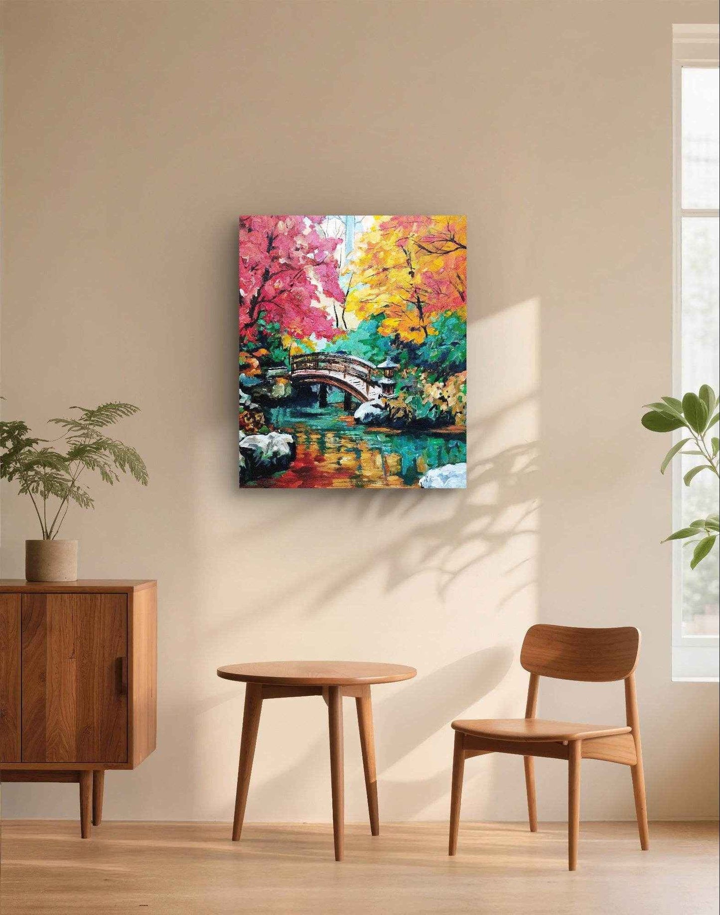 Handgemaltes Wald Acrylgemälde 50×60 cm – Lichtspiel zwischen Baumstämmen in sattem Dunkelgrün