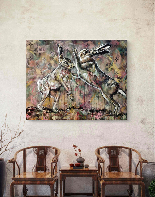 Expressiv-realistisches Gemälde zwei Hasen – handgemaltes Original Acrylbild (100 x 80 cm) auf Leinwand von H1Z ART in lebendiger Atmosphäre