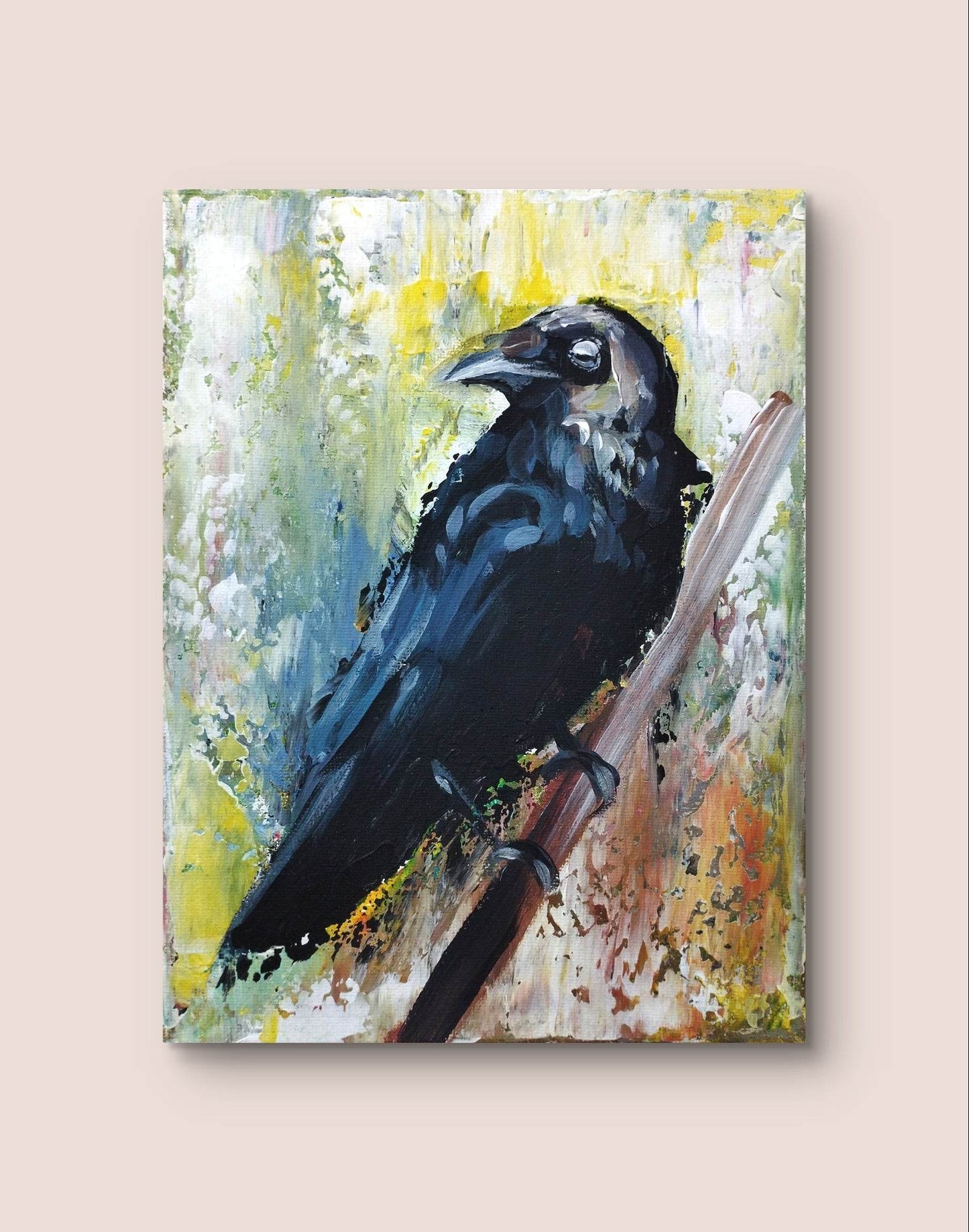 Gemälde schwarze Rabe Original Acrylbild (18 x 24 cm)