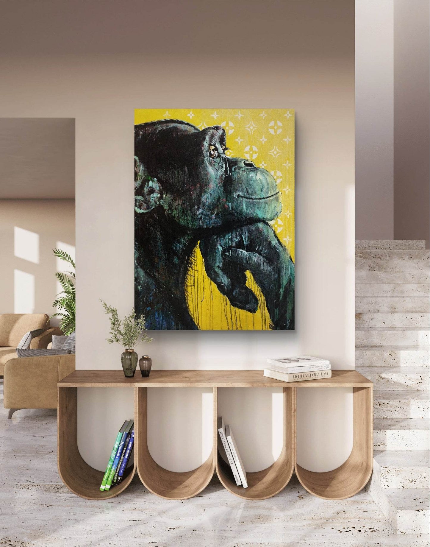 H1Z ART Acrylbild Gemälde denkender Affe – handgemaltes Original Acrylbild (128 x 93 cm)
