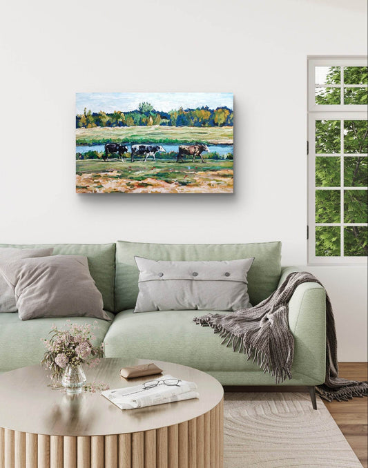 H1Z ART Acrylbild Gemälde Kühe am Flussufer – handgemaltes Original Acrylbild (95 x 60 cm)