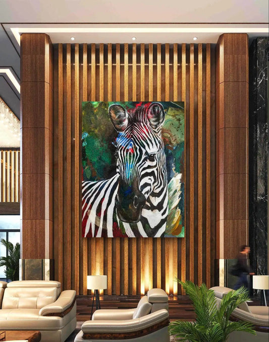 Expressiv-realistisches Gemälde Zebra – handgemaltes Original Acrylbild (125,5 x 95,5 cm) auf Leinwand von H1Z ART in lebendiger Atmosphäre