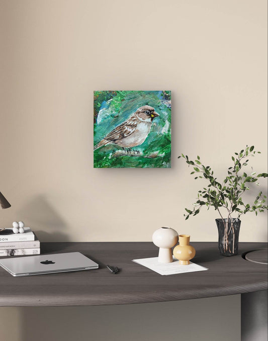 Expressiv-realistisches Gemälde Sperling – handgemaltes Original Acrylbild (10 x 10 cm) auf Leinwand von H1Z ART in lebendiger Atmosphäre