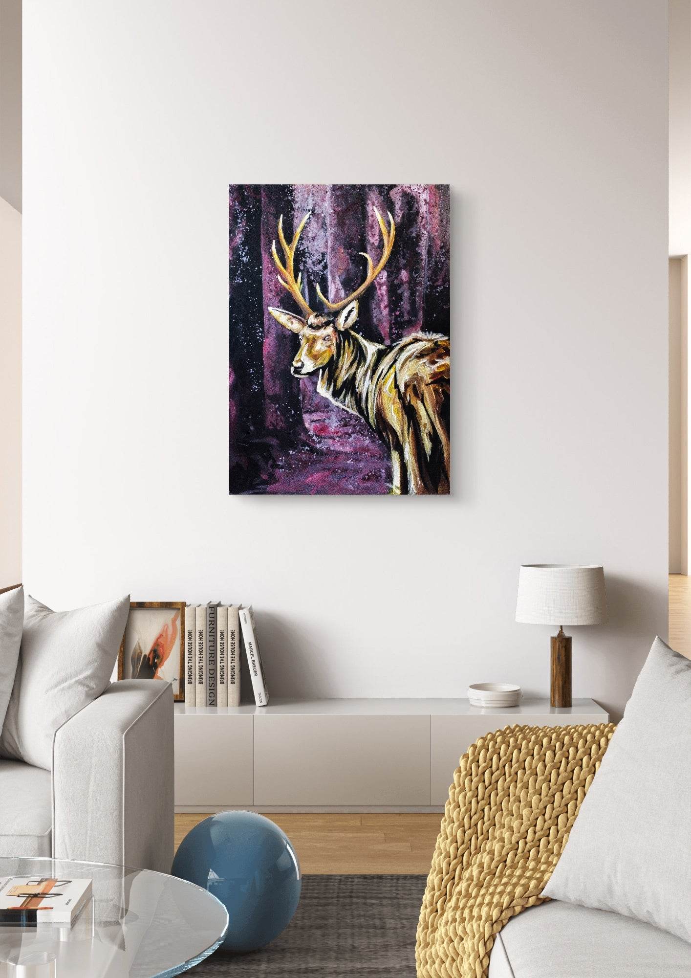 H1Z ART Acrylbild Gemälde Goldener Reh – handgemaltes Original Acrylbild (50 x 70 cm)