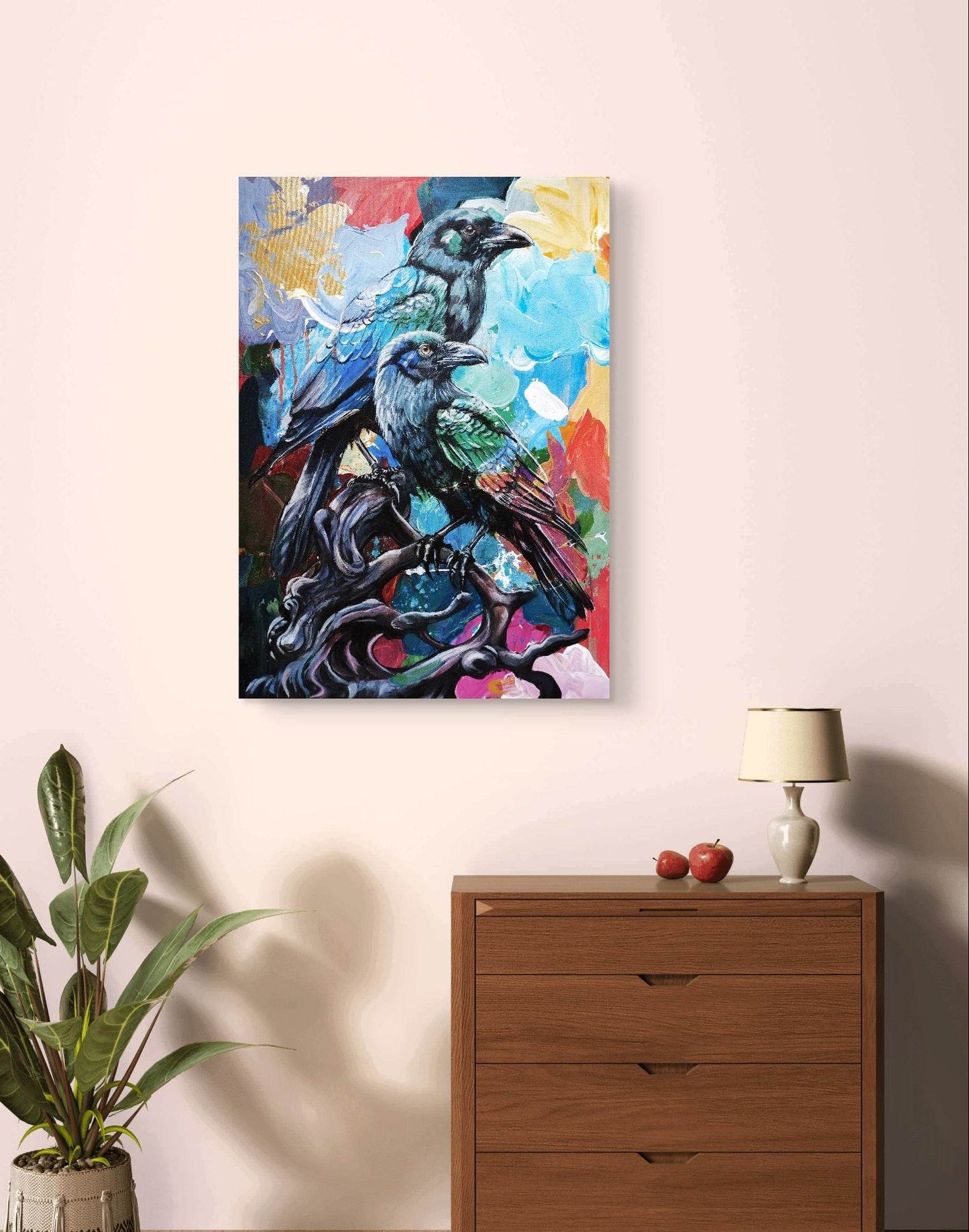 H1Z ART Acrylbild Gemälde Raben auf Ast – handgemaltes Original Acrylbild (50 x 70 cm)