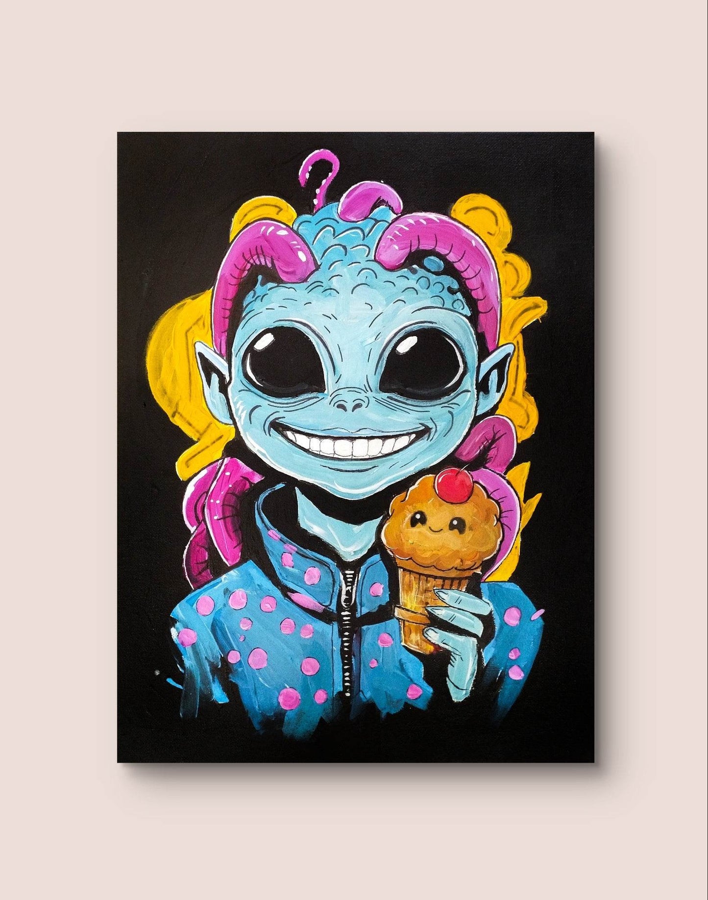 H1Z ART Acrylbild Gemälde Alien mit Mufin – handgemaltes Original Acrylbild (30 x 40 cm)