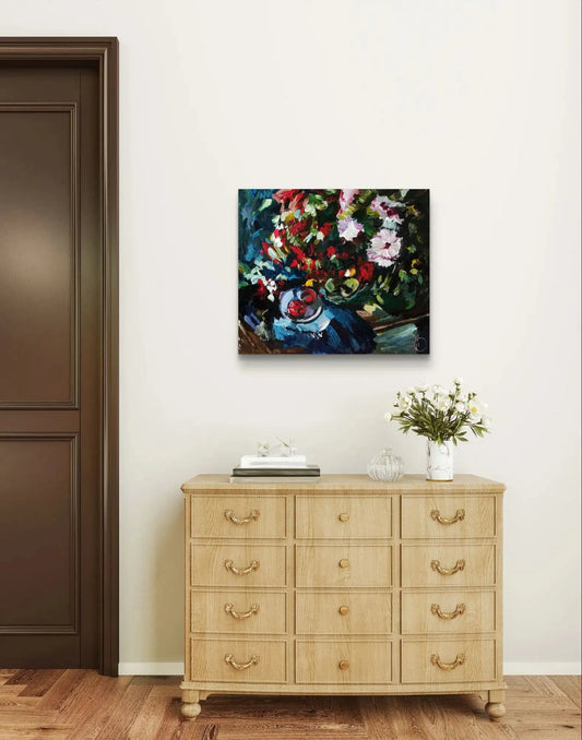 Handgemaltes Stillleben Acrylgemälde 43×50 cm – Astern und Tomaten, lebhafte Farben, Leinwand