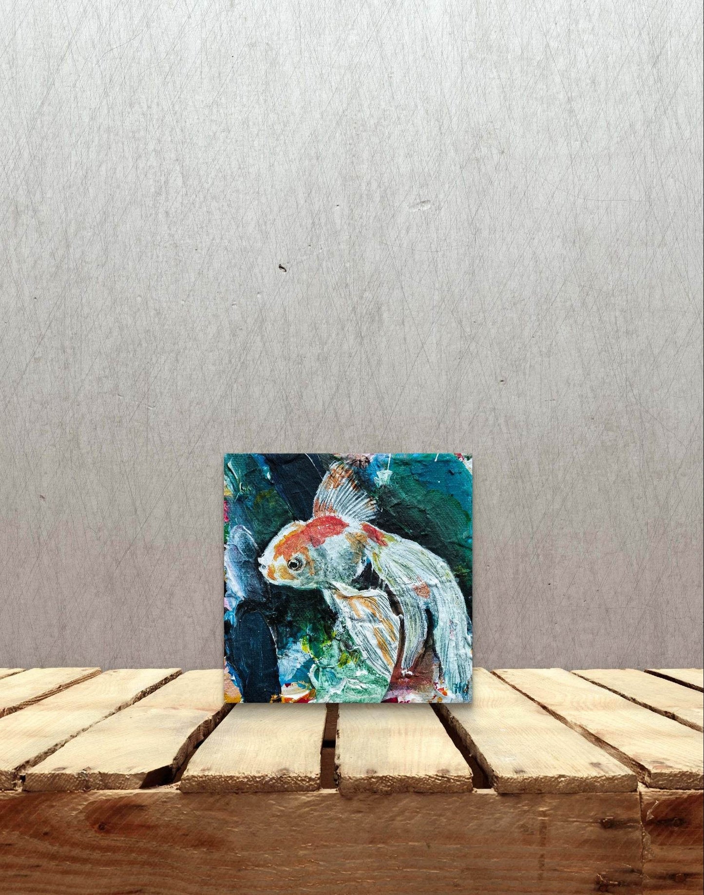 H1Z ART Acrylbild Gemälde Goldfisch II – handgemaltes Original Acrylbild (10 x 10 cm)