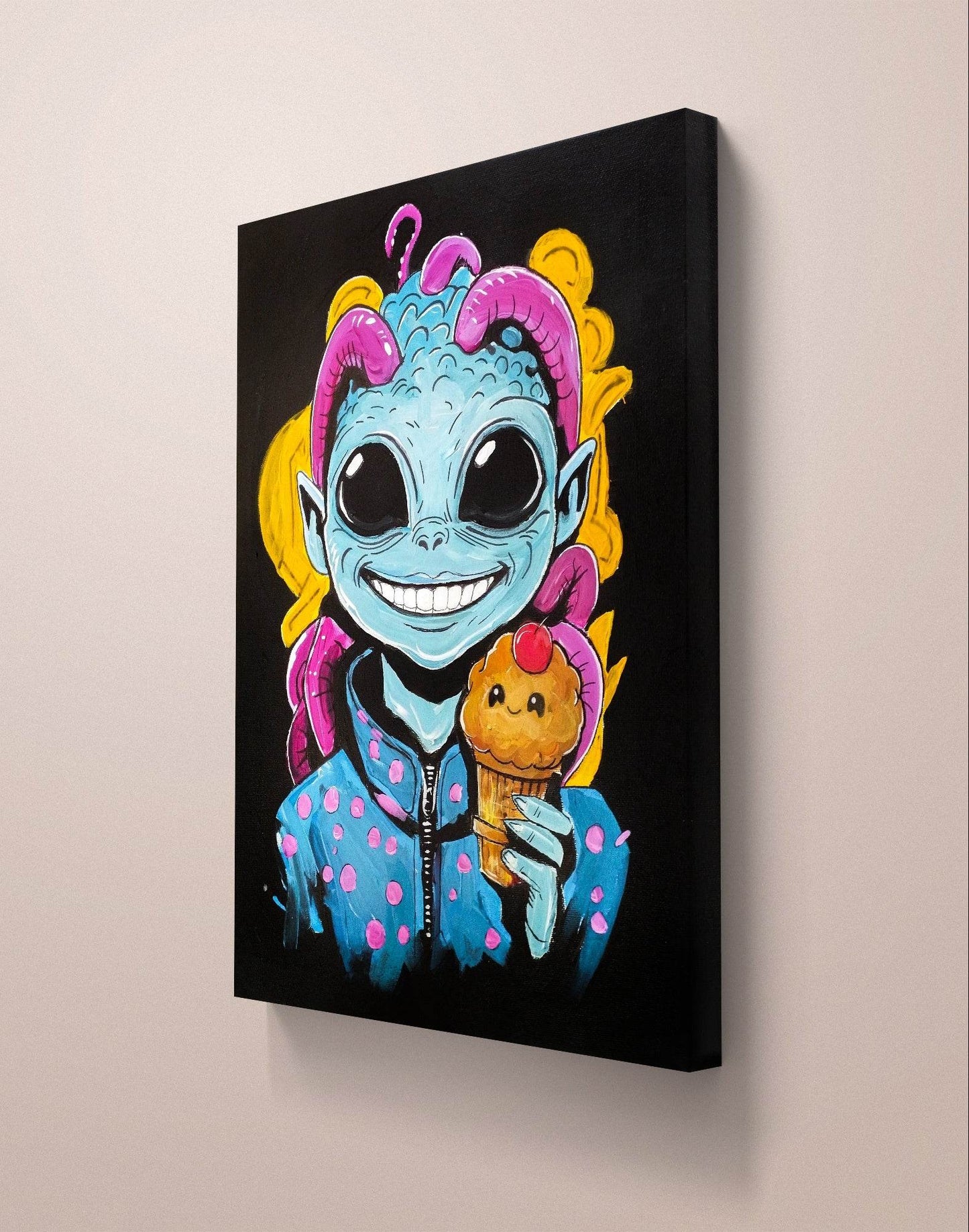 H1Z ART Acrylbild Gemälde Alien mit Mufin – handgemaltes Original Acrylbild (30 x 40 cm)