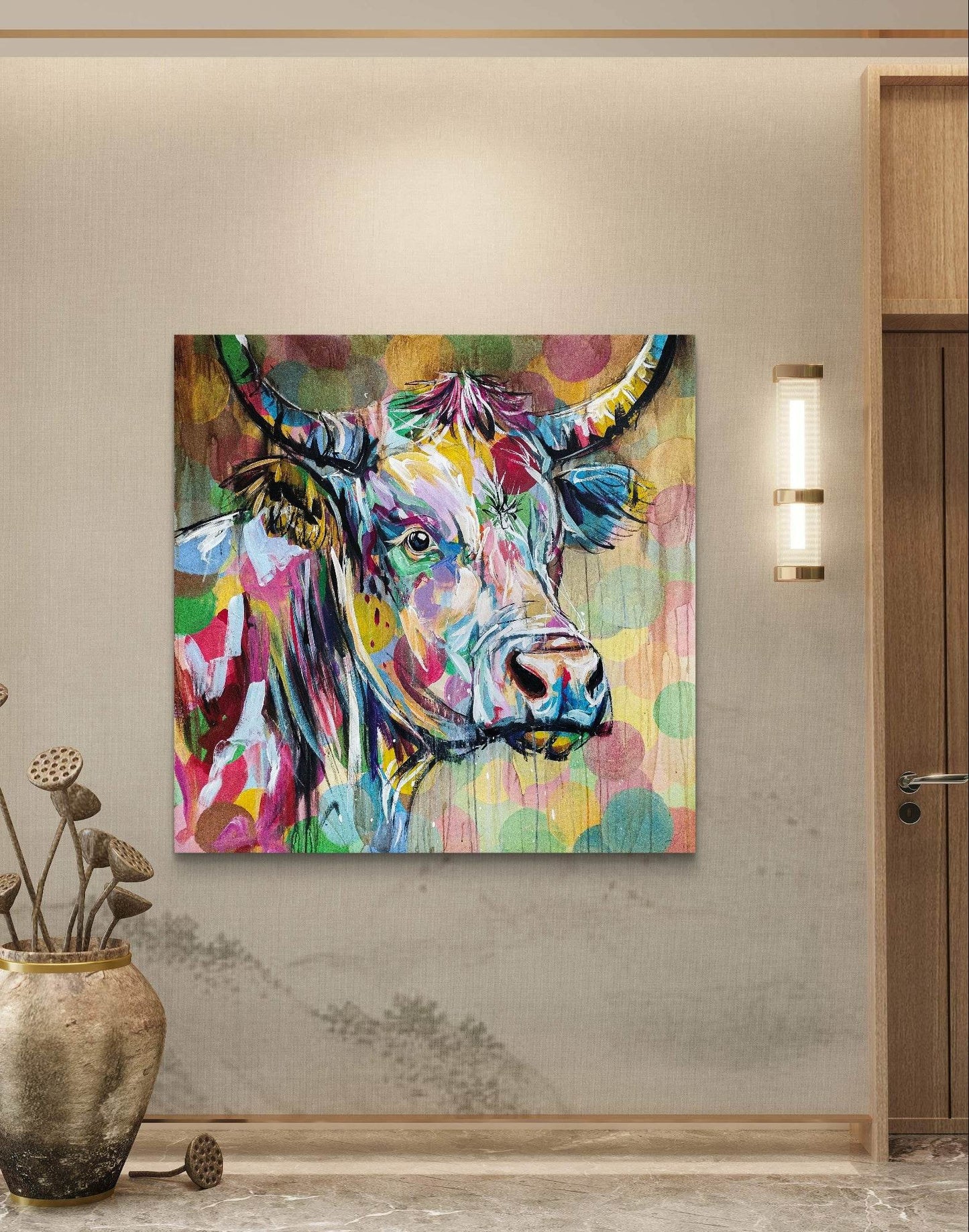 H1Z ART Acrylbild Gemälde bunte Kuh – handgemaltes Original Acrylbild (120 x 120 cm)