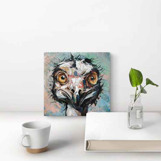 Expressiv-realistisches Gemälde Strauß – handgemaltes Original Acrylbild (10 x 10 cm) auf Leinwand von H1Z ART in lebendiger Atmosphäre