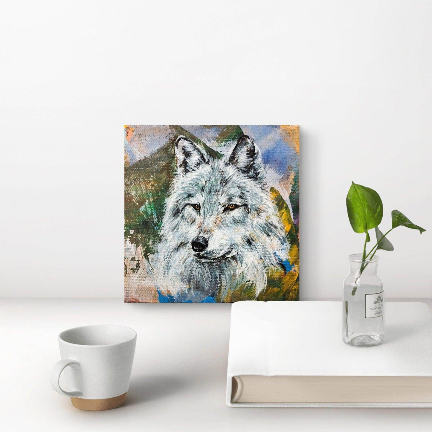H1Z ART Acrylbild Gemälde Wolf – handgemaltes Original Acrylbild (10 x 10 cm)