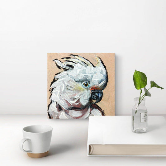 H1Z ART Acrylbild Gemälde Weißhaubenkakdu – handgemaltes Original Acrylbild (10 x 10 cm)