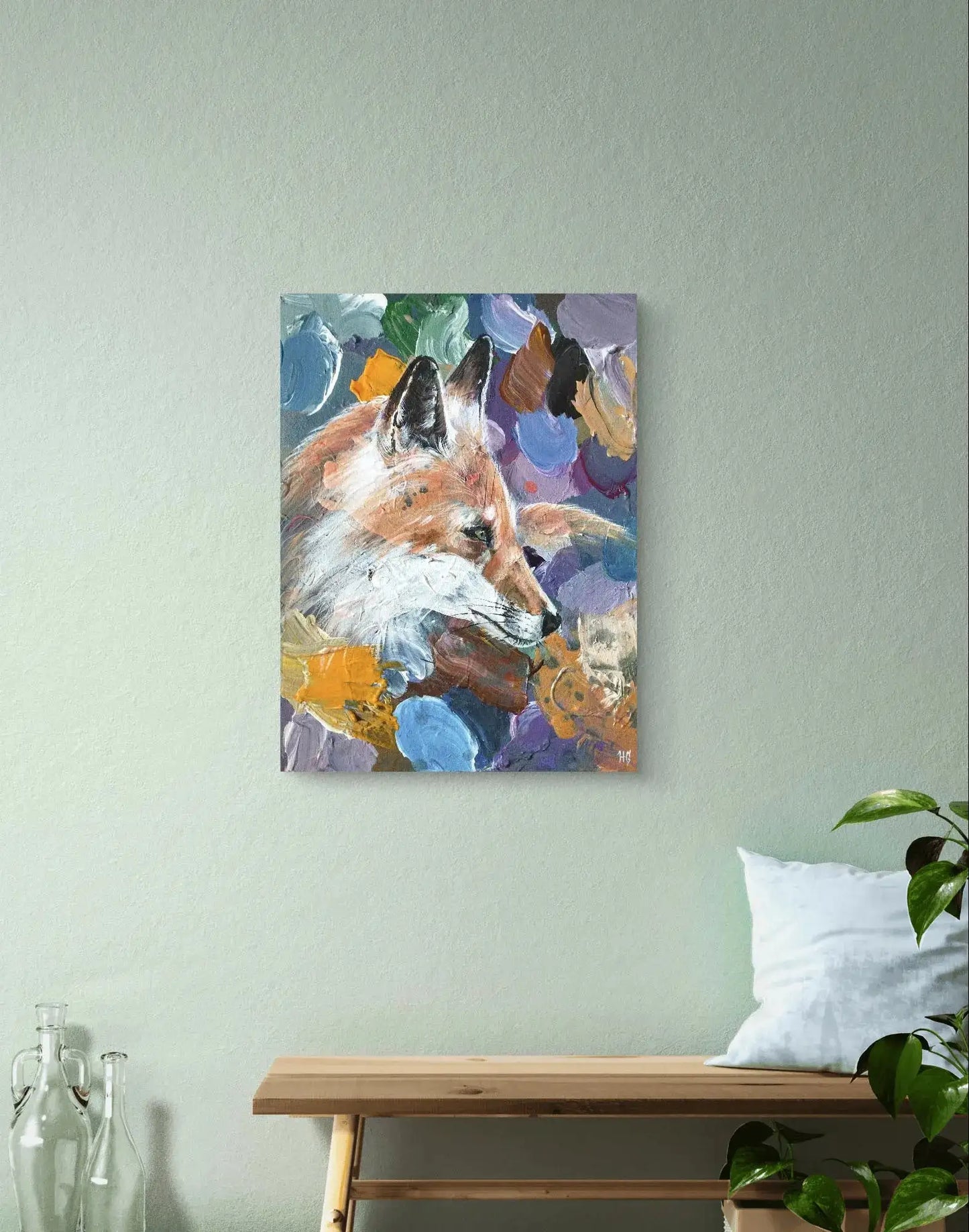 Handgemaltes Fuchs Acrylgemälde 30×40 cm – warmes Sonnenlicht, Orange und Lila, Tierporträt