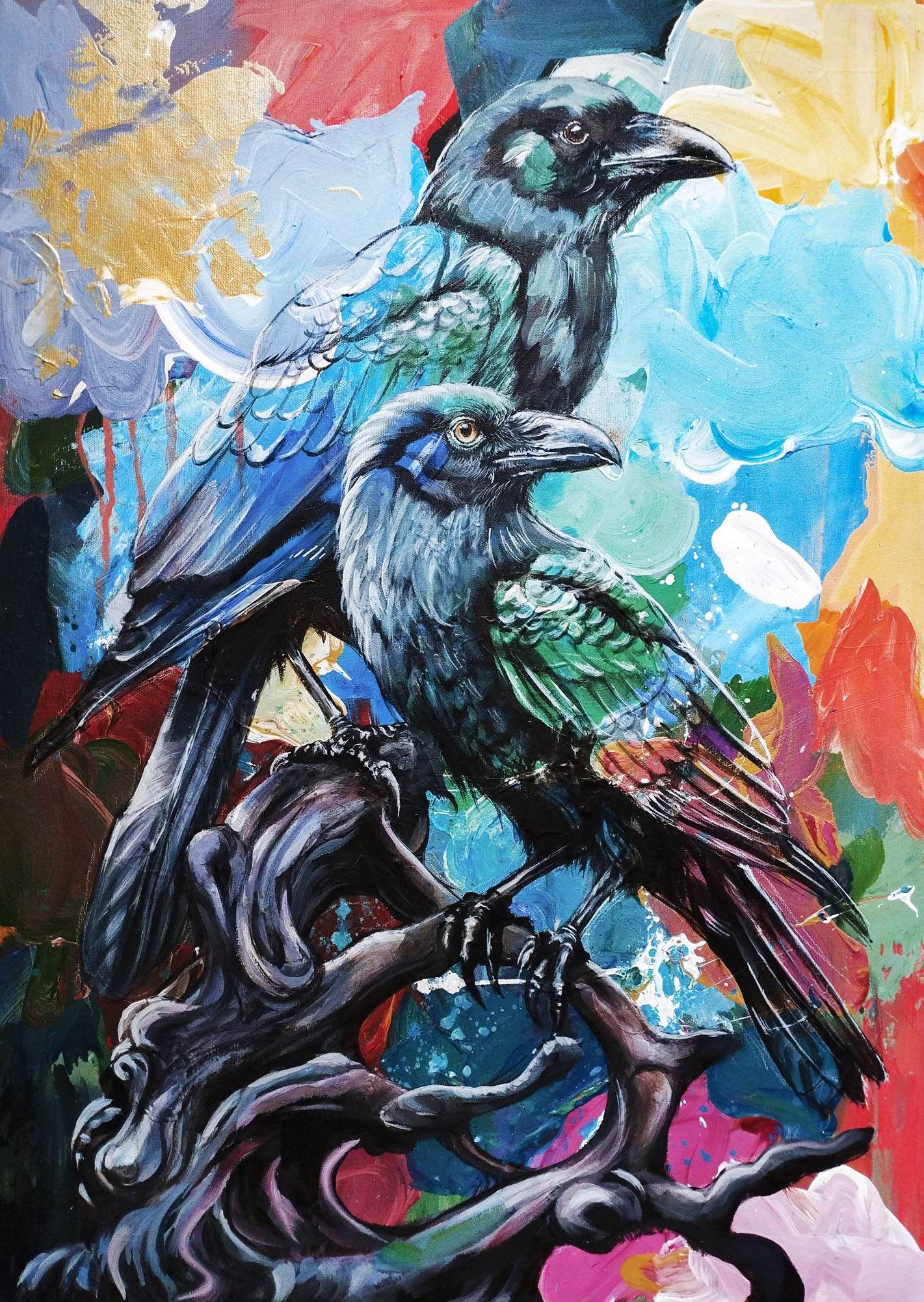 H1Z ART Acrylbild Gemälde Raben auf Ast – handgemaltes Original Acrylbild (50 x 70 cm)