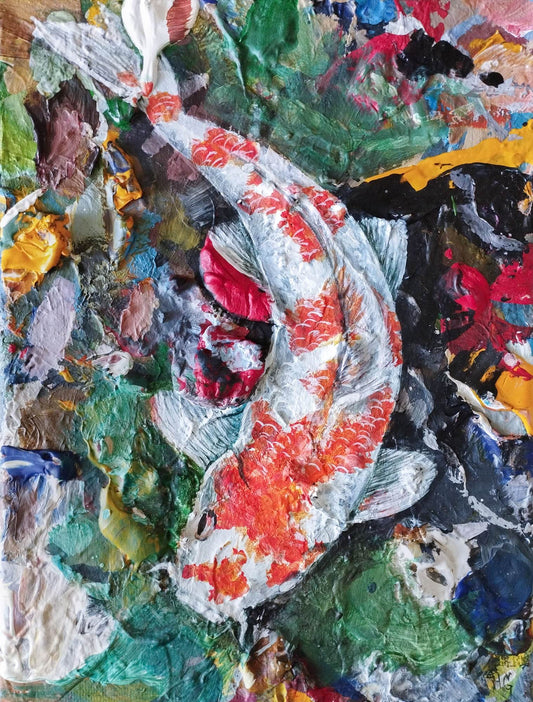 Acrylgemälde Koi Karpfen handgemalt, expressive pastose Pinselstriche auf bunter abstrakter Leinwand.