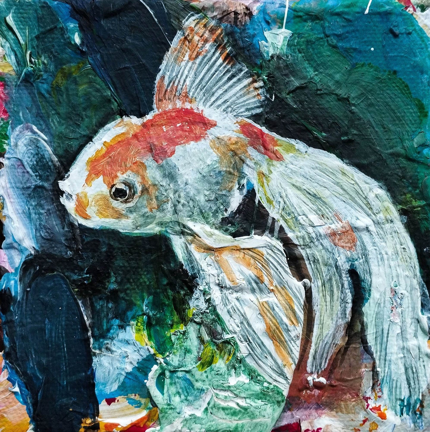 H1Z ART Acrylbild Gemälde Goldfisch II – handgemaltes Original Acrylbild (10 x 10 cm)