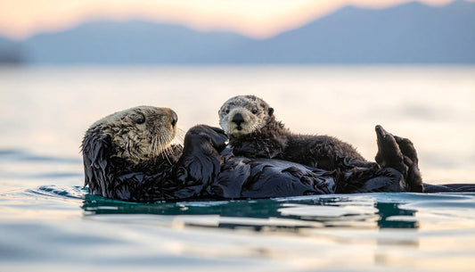 See Otter auf dem Rück schwimmen mit Baby