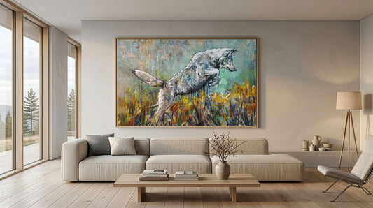 Ein großes Wolf Gemälde hängt im modernen Wohnzimmer.