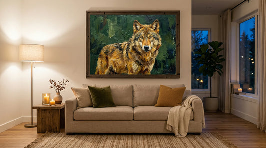 Wolfsgemälde im Wohnzimmer – handgemalte Tierkunst in Acryl, Heinz Atelier Leipzig