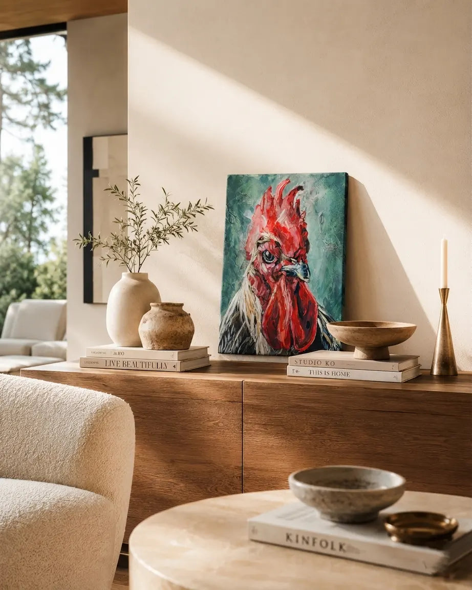 Acrylgemälde mit expressivem Hahnporträt in Rot und Türkis, auf einem Eichen-Sideboard angelehnt. Dekoriert mit Keramikvasen, Coffeetable-Books und einem Messing-Kerzenhalter in warmem Wohnambiente.
