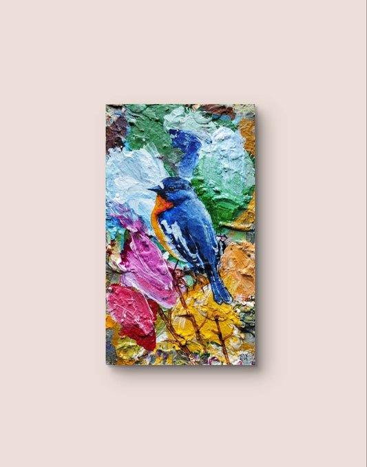 Heinz Acrylbild Wandbild Blauen Kehlsänger Acryl auf Leinwand (16 x 28 cm)
