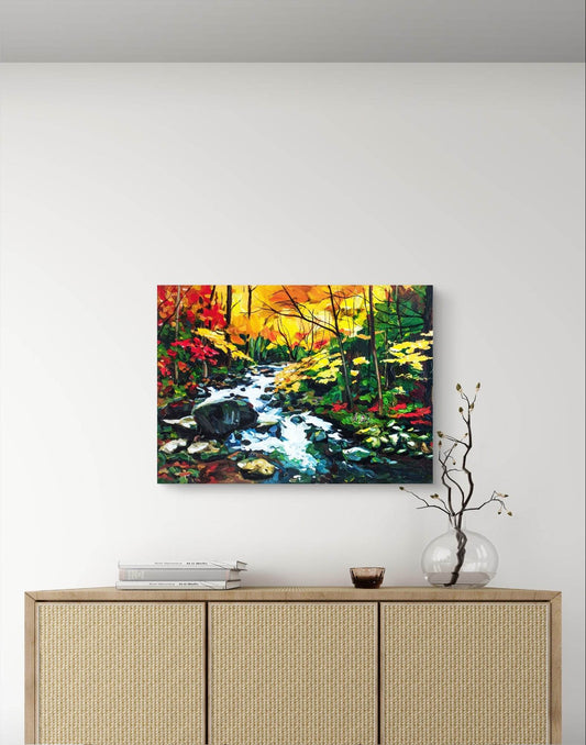 Expressiv-realistisches Gemälde Waldfluss – handgemaltes Original Acrylbild (50 x 70 cm) auf Leinwand von H1Z ART in lebendiger Atmosphäre