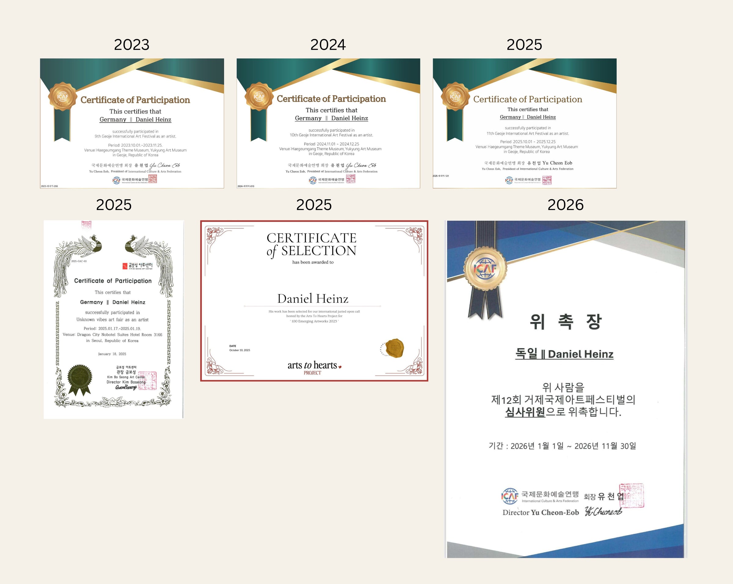 Internationale Ausstellungs Zertifikate von Daniel Heinz