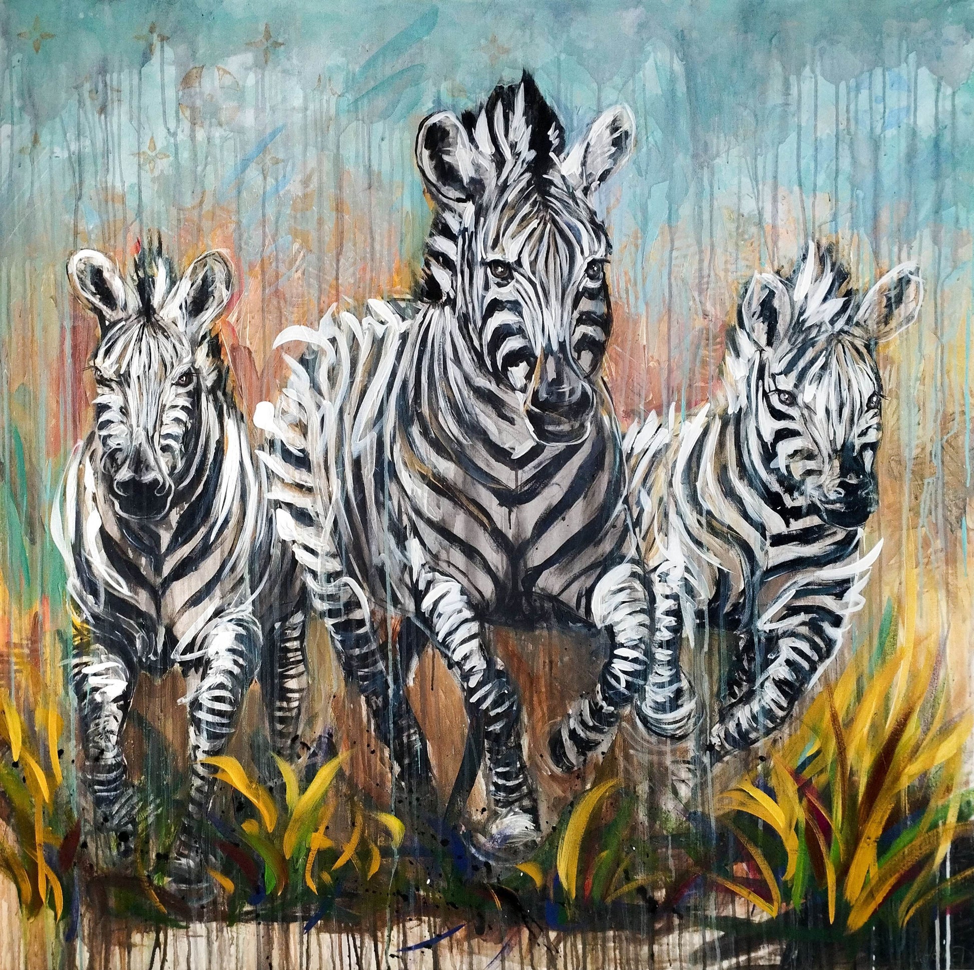 Heinz Acrylbild Wandbild drei Zebra Acryl auf Leinwand (120 x 120 cm)