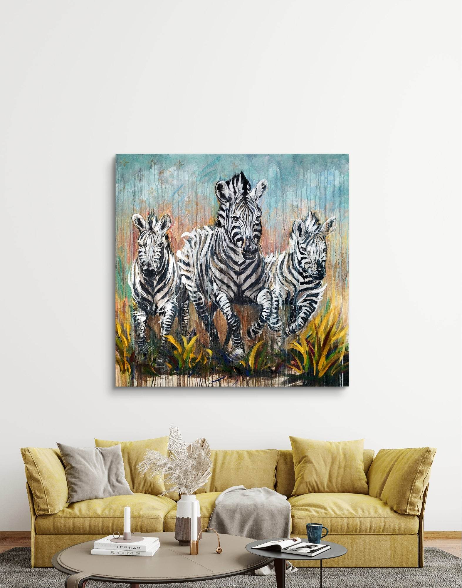 Heinz Acrylbild Wandbild drei Zebra Acryl auf Leinwand (120 x 120 cm)