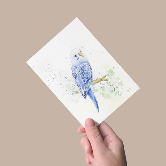 Postkarte „Blauer Wellensittich“ – Handgemalt