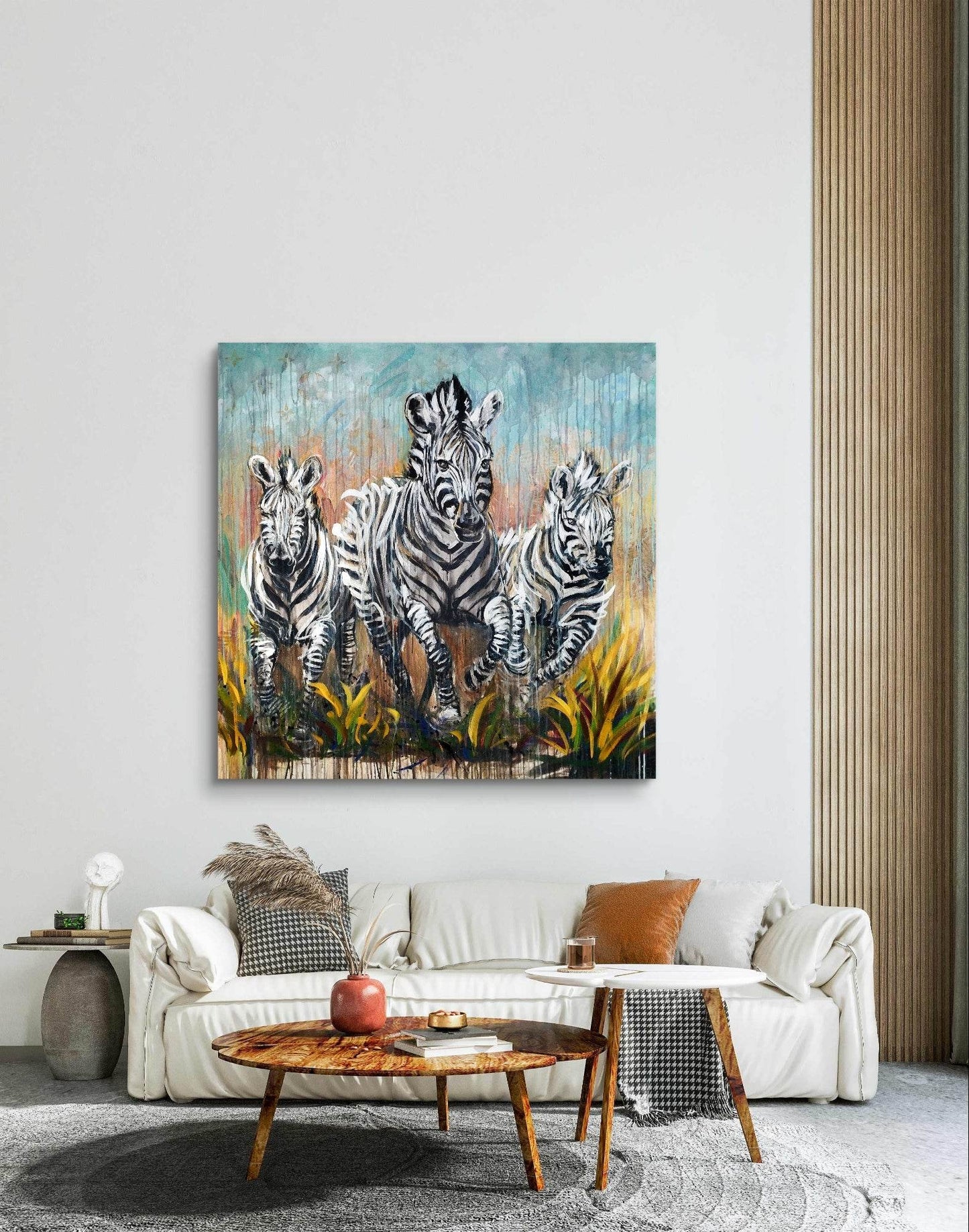 Heinz Acrylbild Wandbild drei Zebra Acryl auf Leinwand (120 x 120 cm)