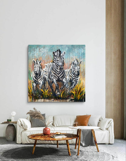 Heinz Acrylbild Wandbild drei Zebra Acryl auf Leinwand (120 x 120 cm)
