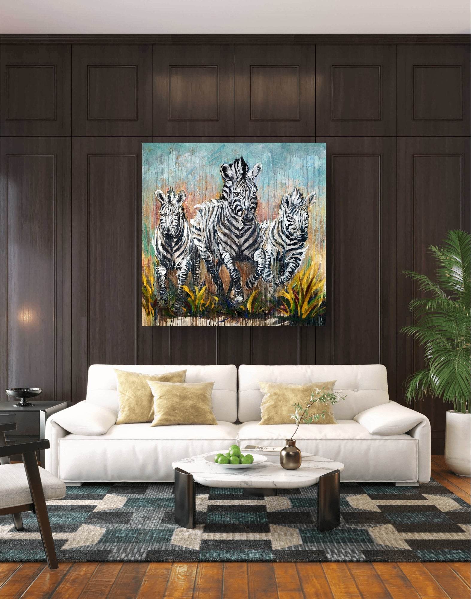 Heinz Acrylbild Wandbild drei Zebra Acryl auf Leinwand (120 x 120 cm)