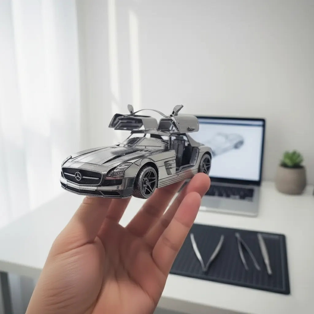 Fertig montiertes 3D-Metallmodellauto, Mercedes-Benz SLS AMG, in der Hand des Erbauers.