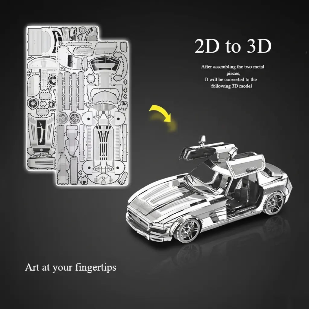 3D-Metallpuzzle-Bausatz Mercedes-Benz SLS AMG: Darstellung der 2D-Einzelteile und des fertigen Chrom-Modellautos mit Flügeltüren.