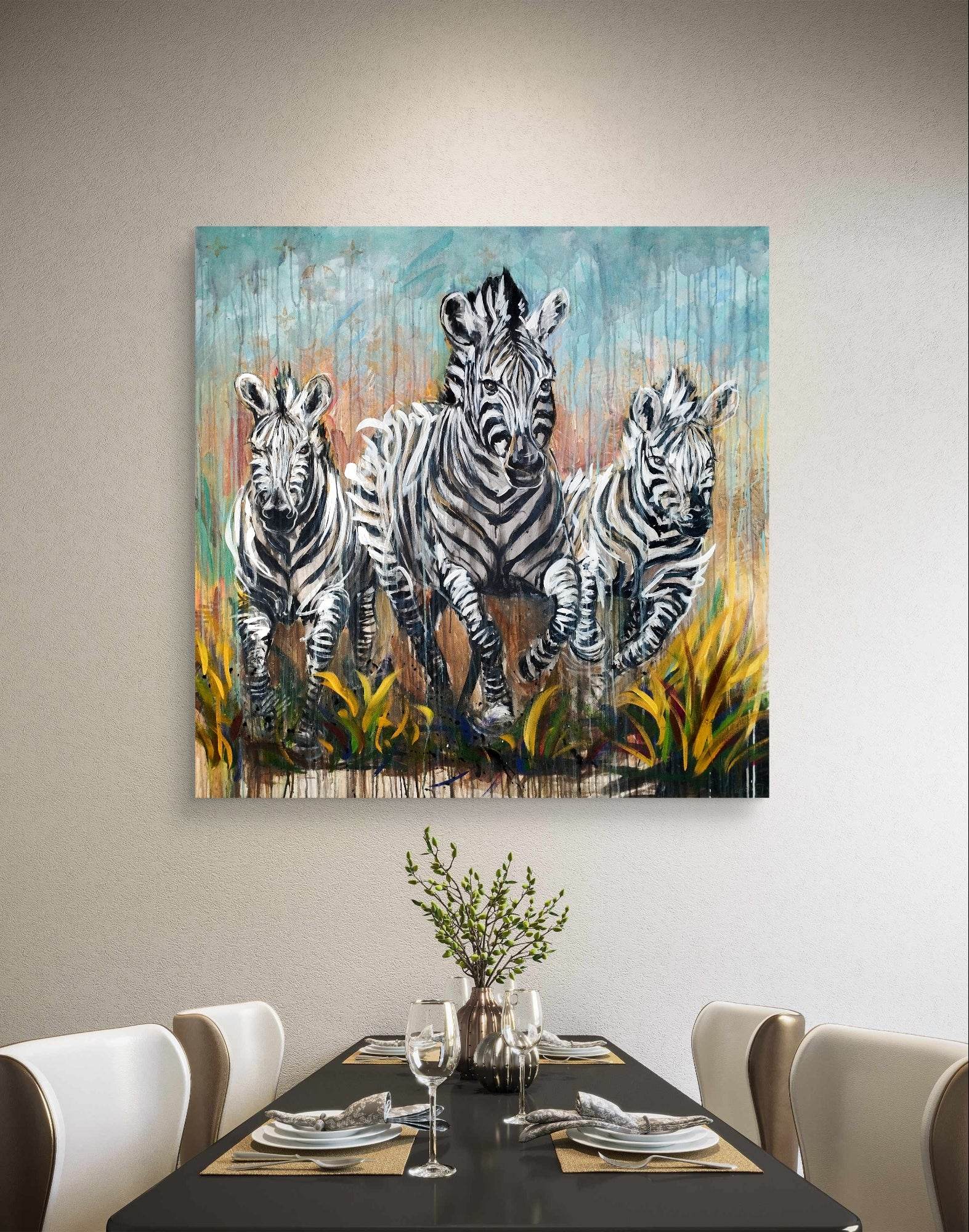 Heinz Acrylbild Wandbild drei Zebra Acryl auf Leinwand (120 x 120 cm)