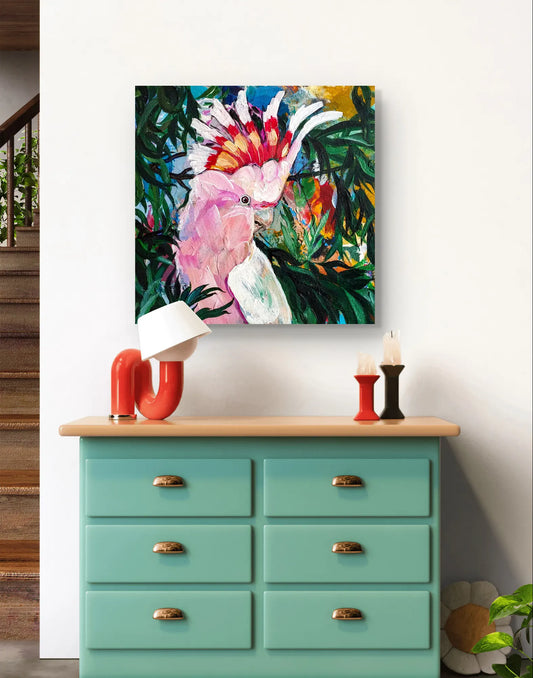 H1Z ART Acrylbild Gemälde Versteckter Rosakakadu – handgemaltes Original Acrylbild (40 x 40 cm)