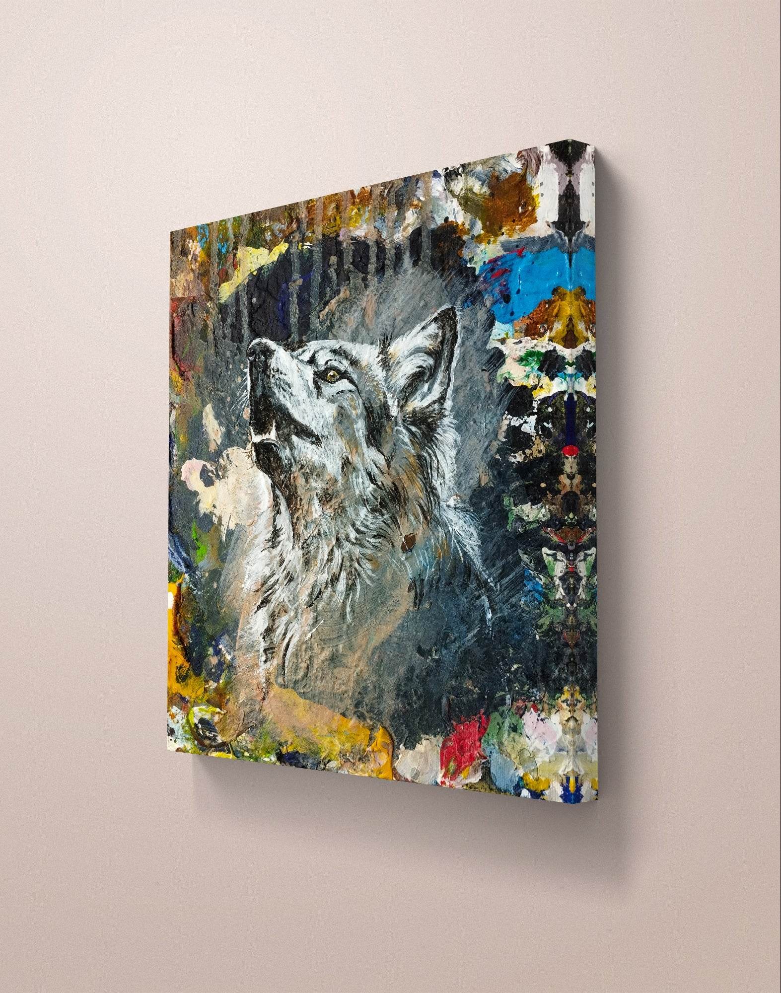 Heinz Acrylbild Wandbild heulender Wolf Acryl auf Leinwand (24 x 22 cm)