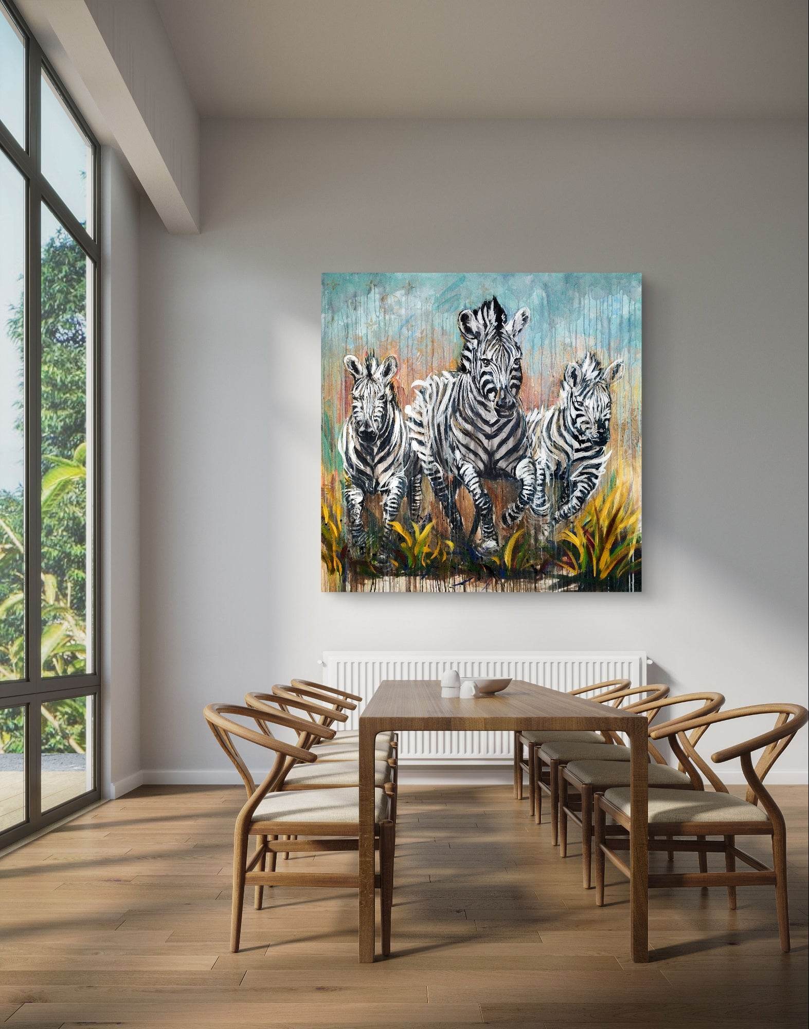 Heinz Acrylbild Wandbild drei Zebra Acryl auf Leinwand (120 x 120 cm)