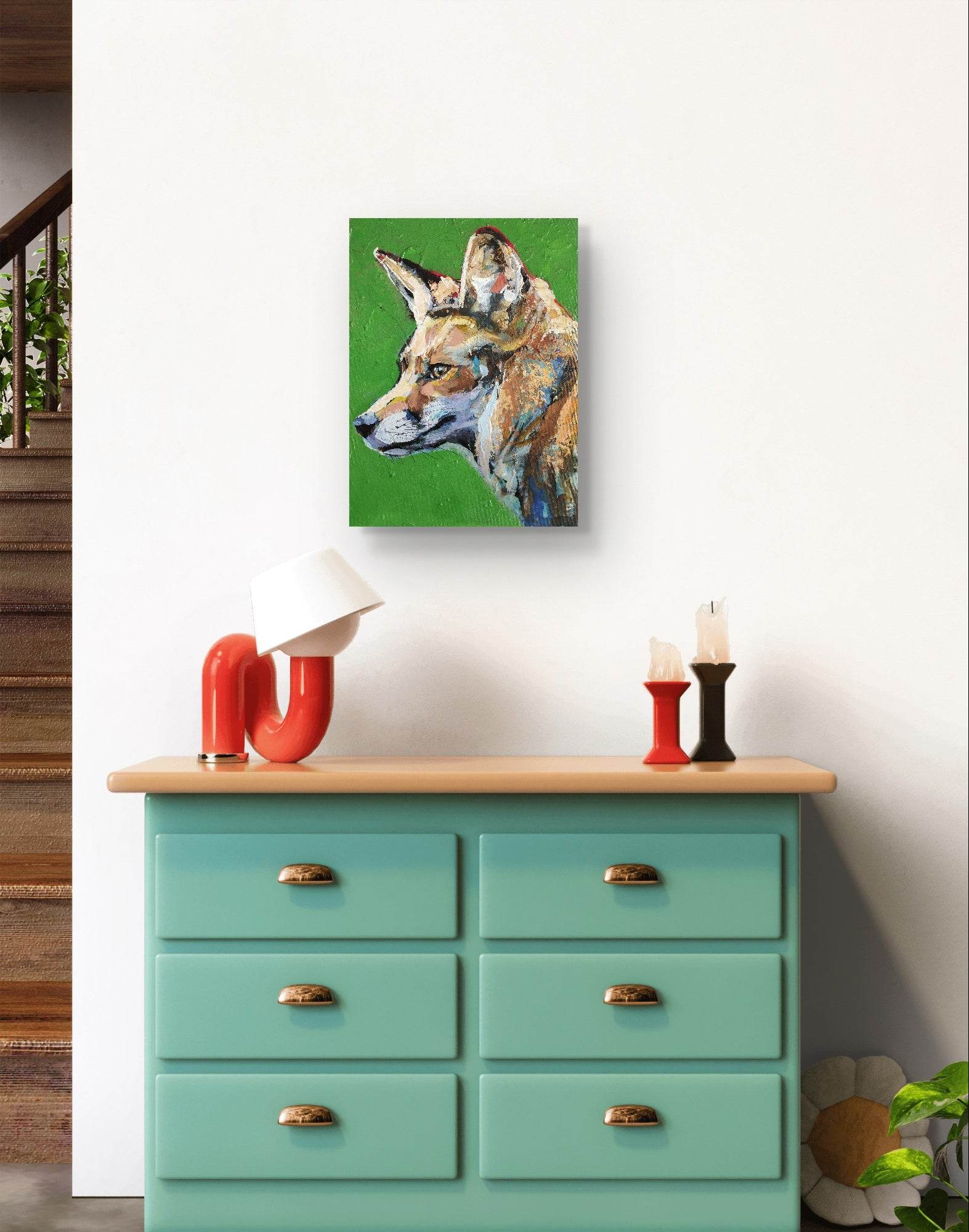 Heinz Acrylbild Wandbild grün Fuchs Acryl auf Leinwand (30 x 40 cm)