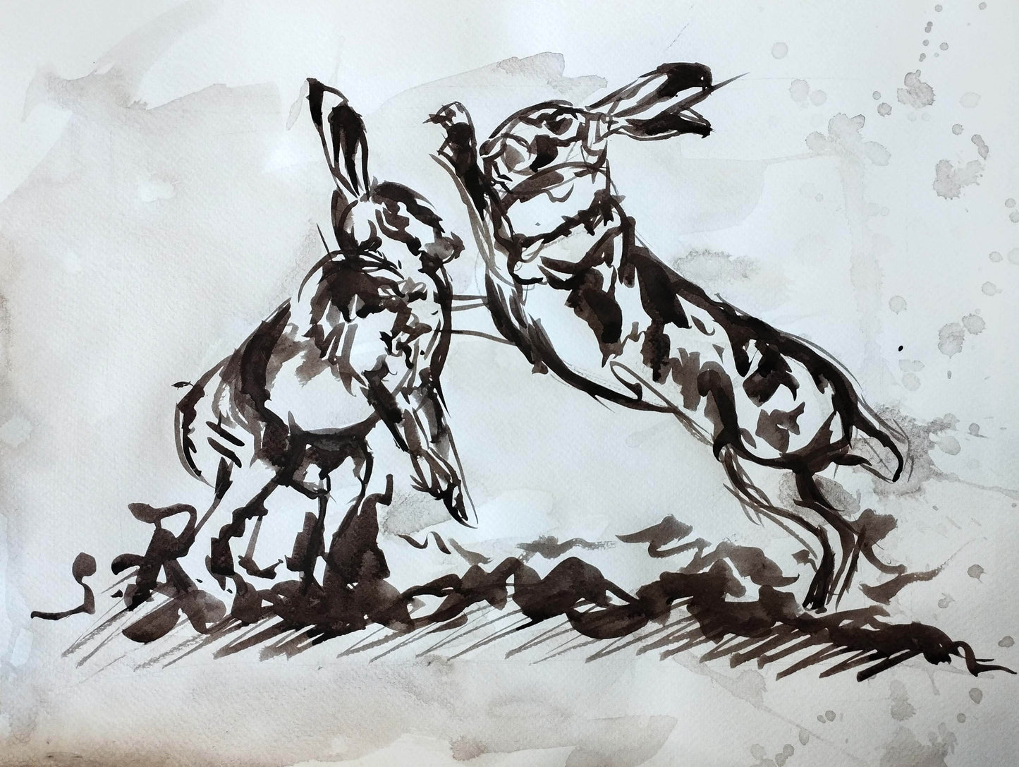 Heinz Acrylbild Aquarellbild „Hasen im Streit“ – Handgemaltes Tiermotiv (30 × 40 cm) Niedriger Kontrast