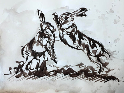 Heinz Acrylbild Aquarellbild „Hasen im Streit“ – Handgemaltes Tiermotiv (30 × 40 cm) Niedriger Kontrast