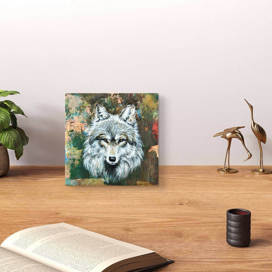 Gemälde grauer Wolf – handgemaltes Original Acrylbild (10 x 10 cm)