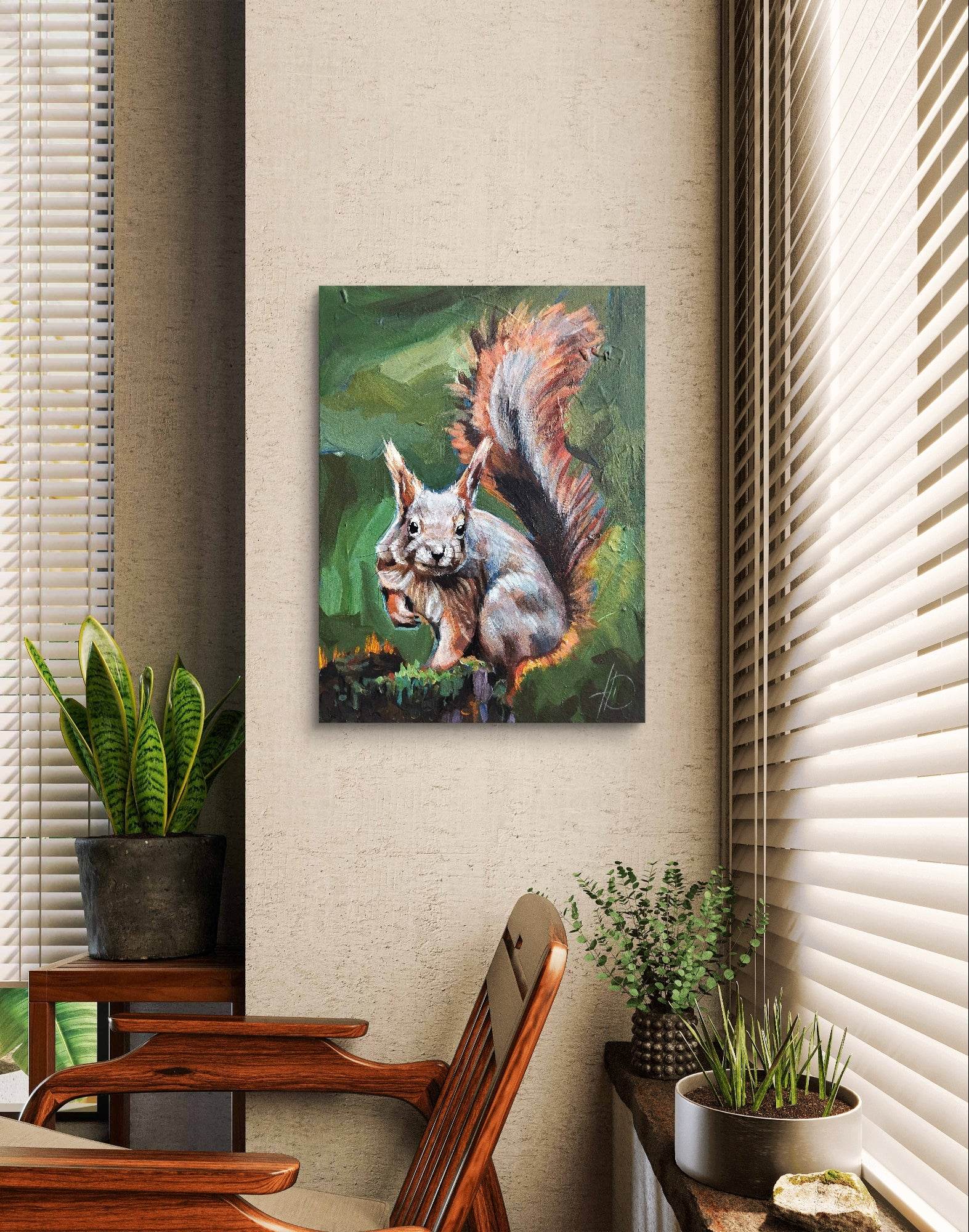 Heinz Acrylbild Wandbild Wald Eichhörnchen Acryl auf Leinwand (30 x 40 cm)