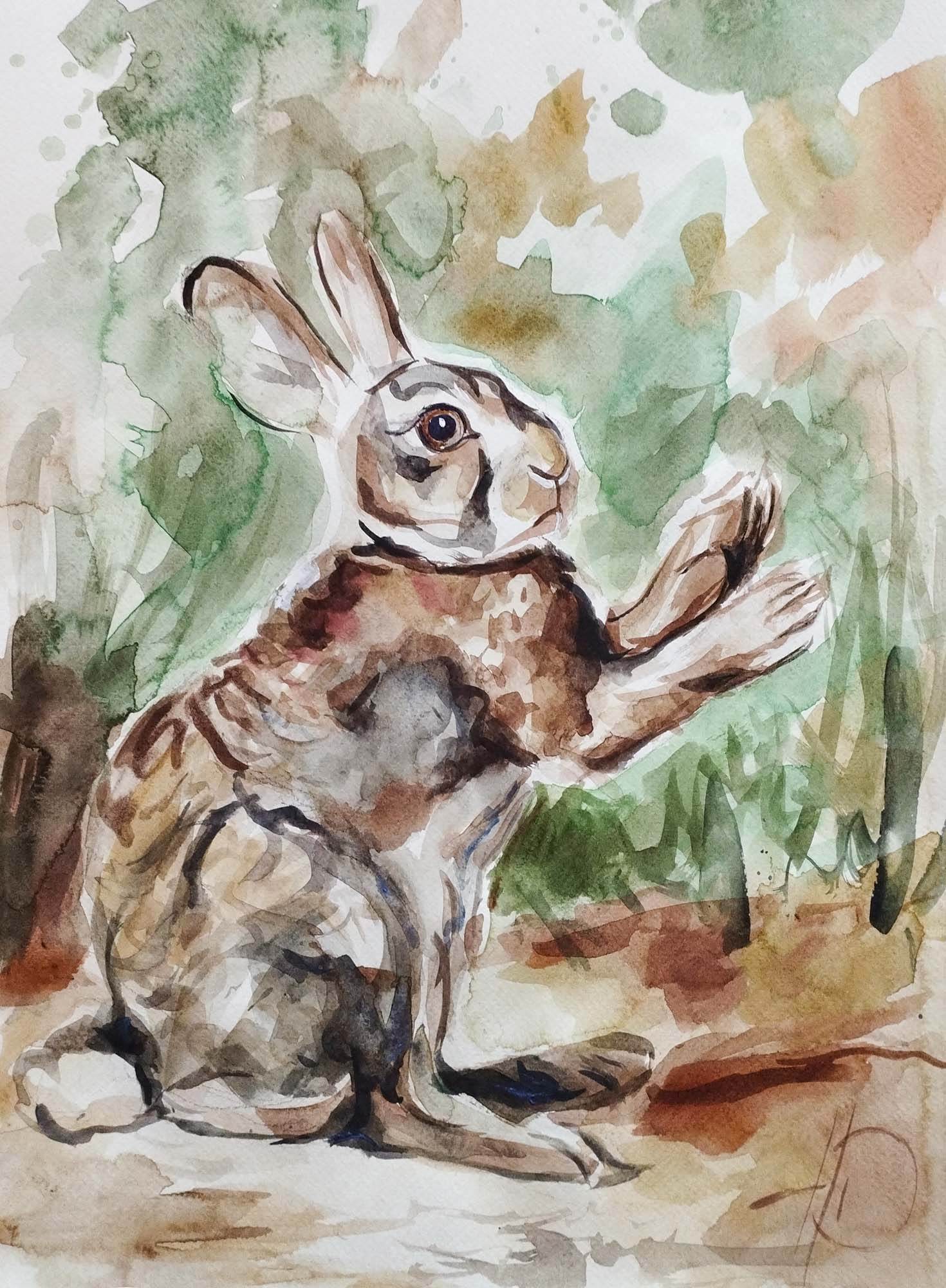 Heinz Acrylbild Aquarellbild Hase im Wald (30 × 40 cm)